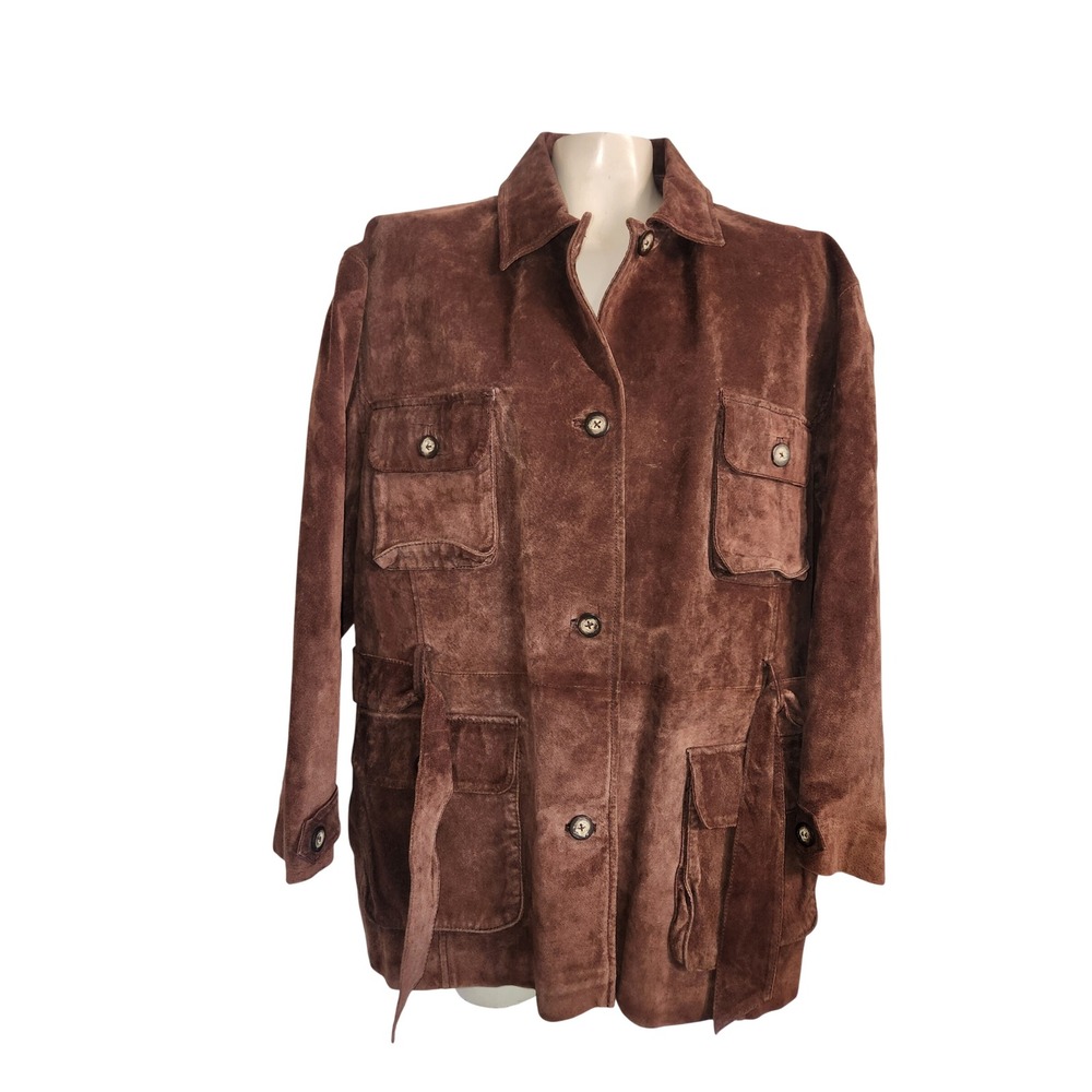 Brandon Thomas‎ Brown Suede Leather Safari Jacket Womens L Utility Belted Coat